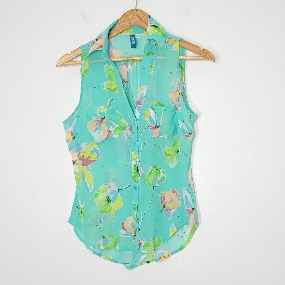 Sleeveless Aqua Floral Button-Front Blouse
